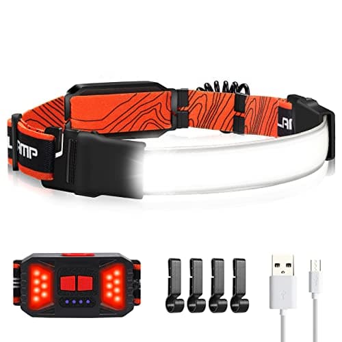 Adelante LED Headlamp Flashlight, 1000LM 230°Wide-Beam Rechargeable Head Lamp for Adults, Red Taillight & 4 Clips Waterproof Hard Hat Light Headlamps for Running Hiking and Camping