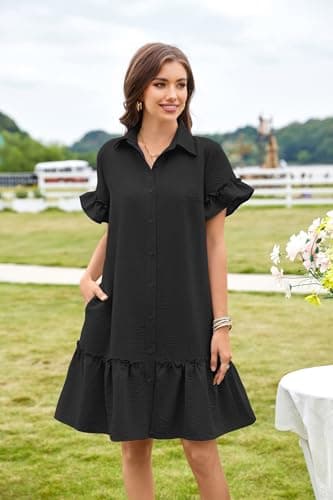CCTOO Women's Summer Dresses Casual V Neck Button Down 3/4 Sleeve Floral Print Loose Flowy Shirt Dress 06 Black L - Thumbnail 5