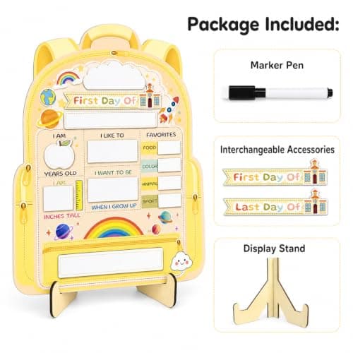 First Day of School Sign - My First and Last Day of School Board, Reusable Back to School Sign Supplies Wooden Dry Erase Board with Marker for Preschool, Pre-K, and Kindergarten (Pastel Yellow) - Thumbnail 2