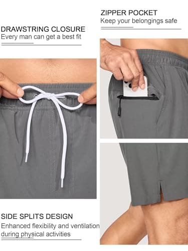 SILKWORLD Mens Swimming Trunks Compression Lined Swim Shorts 2 in 1 Bathing Suits with Zipper Pockets, Dark Grey, X-Large - Thumbnail 2