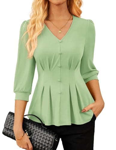 GRACE KARIN Women Business Casual Tops, 2026 Summer Trendy Dressy Blouses, 3/4 Sleeve V Neck Work Shirts Light Green X-Large - Image 1