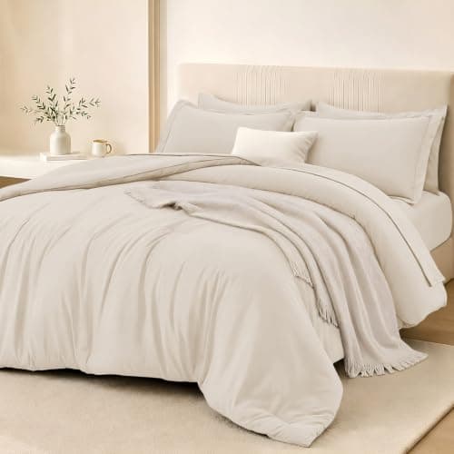 FUANNA California King Comforter Sets Beige, 7 Pieces Cal King Size Bedding Set, All Season Lightweight Bed in a Bag with Comforter, Flat Sheet, Fitted Sheet, Pillowcases & Shams - Image 1
