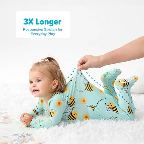 Baby One-Piece Footies Long Sleeve Rompers 2-Way Zipper, Baby Bodysuit Bamboo Clothes for Boys Girls (Bee, Newborn) - Thumbnail 3