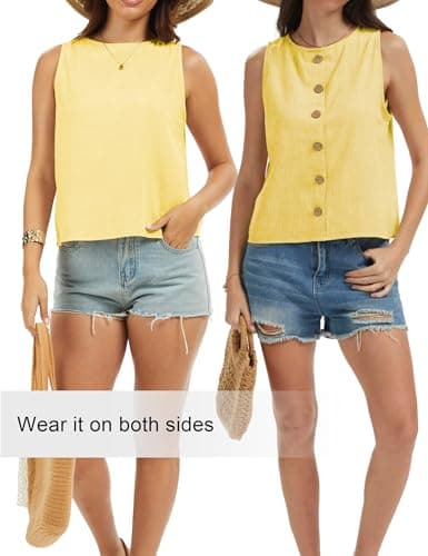 DAOAO Linen Top Tank Tops for Women Cute Summer Sleeveless Cotton Shirts Yellow XL - Thumbnail 6