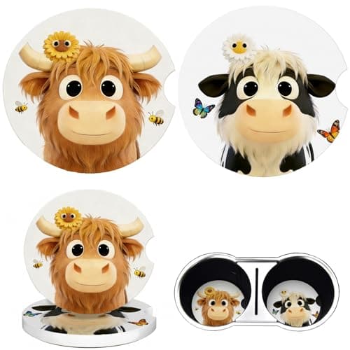 Cute Highland Cows & Dairy Cows Car Coasters 2 Pack - Absorbent Ceramic Cup Coasters with Finger Notch & Anti-Slip Cork Base, 2.6" Auto Cup Holder Coasters for Car Interior Accessories (Women/Men) - Image 1