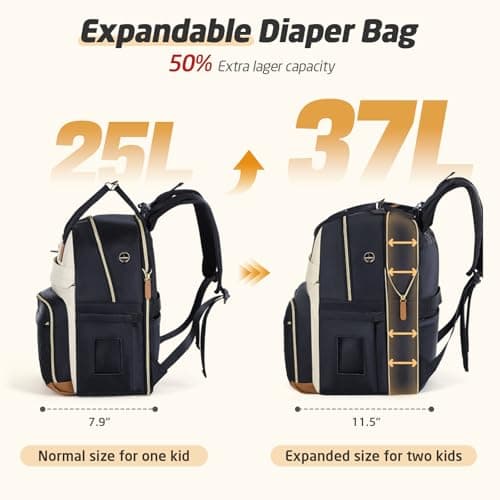 Tonyeee Diaper Bag Backpack - Extra Large Diaper Bag for 2 Kids Twin, Travel Baby Bags for Mom Dad 25-37L Expandable with Changing Pad Earphone Hole, Apricot Black - Thumbnail 2