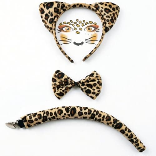 GiiBiiy Leopard Ears Headband, Cheetah Ear Headbands and Tail Bow Tie Face Stickers Set for Women Halloween Cosplay Costume Accessories - Image 1