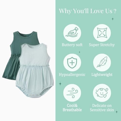 PATPAT Bamboo Baby Girl Clothes - Soft & Breathable Viscose Outfits - Sleeveles Bodysuit Dress for Spring Summer Gift - Cute Rompers Essentials - 2 Pack Forest & Sage Green 3-6 Months - Thumbnail 3