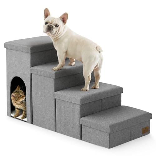 Dog Stairs with Storage, 4-Step Wider Sturdy Dog Steps for Small/Medium/Large Dogs and Older Cats, Doggie Ramp with Condo for Bed/Couch/Car Hold Up to 180 lbs (22.6" H, Grey)