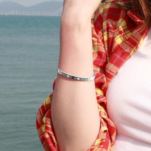 BOLAGTIER Silver Bangle Bracelets for Women Four Leaf Clover Lucky Love Cubic Zirconia Bracelet (Clover Silver-Small) - Thumbnail 2