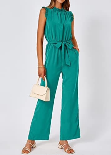 KIRUNDO Jumpsuits For Women Dressy Summer One Piece Sleeveless Ruffle Mock Neck Belt Pockets Formal Wide Leg Pants Romper(Lake Blue, XX-Large) - Thumbnail 5