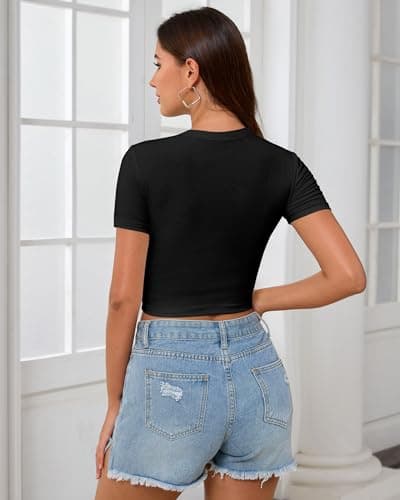 Abardsion Women's Baby Tees Slim Fit Crew Neck Short Sleeve Crop Tops - Basic Y2K T Shirts for Summer Daily Wear & Workout Black X-Small - Thumbnail 4