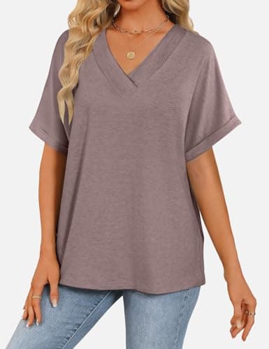 GKBK Womens Short Sleeve T Shirts V Neck Loose Fit Shirts Summer Casual Basic Tee Tops Gray Purple M - Thumbnail 2