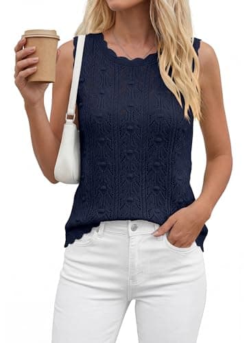 BTFBM Crochet Tank Tops for Women Hollow Out Sleeveless Loose Sweater Vest Top Summer Spring 2026 Beach Vacation Clothes(Navy Blue, Large) - Thumbnail 6
