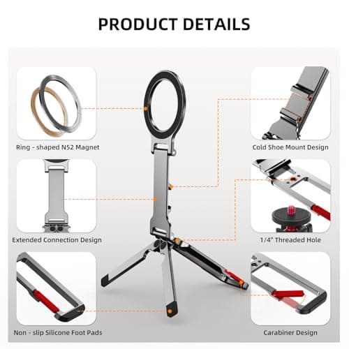 Flymile Magnetic Phone Tripod Stand for iPhone, Aluminium Lock Mini Tripod with Arca-Swiss, for MagSafe Smartphone Holder Quick Mount with 1/4'' Screw Hole and Cold Shoe for iPhone 17 16 15 14 13 12 - Thumbnail 6