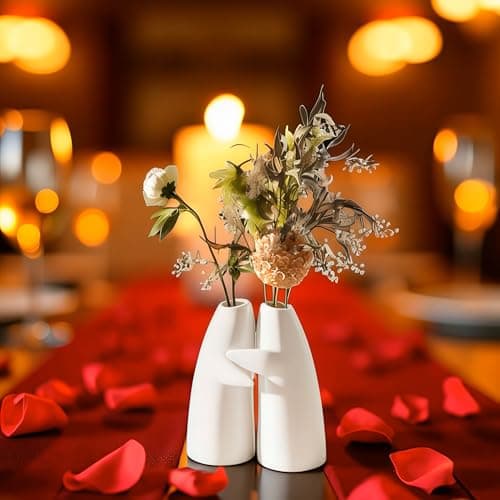 Valentine’s Day Gift for Her – Embrace Ceramic Vase Set of 2, White Hugging Design Flower Vase, Minimalist Romantic Home Decor for Anniversary & Love Gifts - Image 1