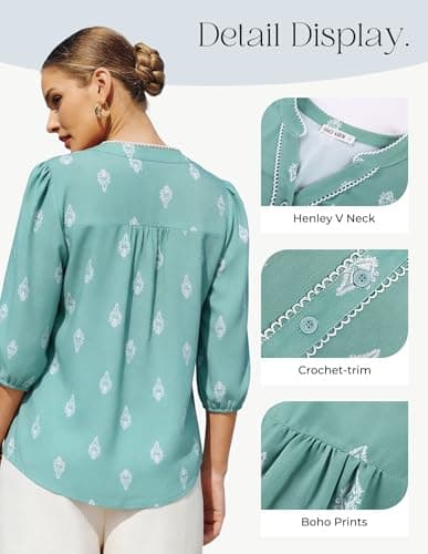 GRACE KARIN Boho Tops for Women Summer, Dressy Casual Floral Blouses, V Neck Button Up 3/4 Sleeve Shirts for Vacation Light Green L - Thumbnail 5