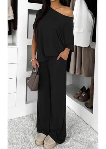 KIRUNDO Lounge Sets for Women Airport Travel Outfit 2026 Summer Off the Shoulder Tops Wide Leg Pants 2 Piece Matching Set(Black, X-Large) - Thumbnail 4