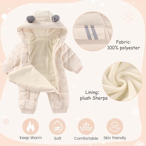 JiAmy Baby Snowsuit Baby Bear Hooded Winter Outfit Double Girl Boy Zipper Winter Clothes Romper White 3-6 Months - Thumbnail 3