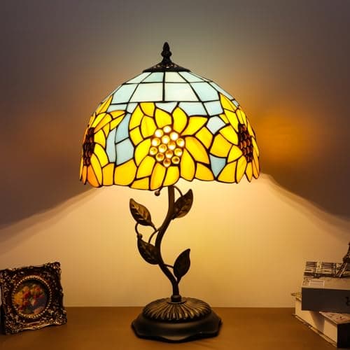 FILIUTF Stained Glass Table Lamp, Adjustable 3 Color Temperature, Sunflower Style Lampshade & Metal Leaf Base Desk Reading Light 12X12X19 Inches Decor for Bedroom Living Room Office - Image 1