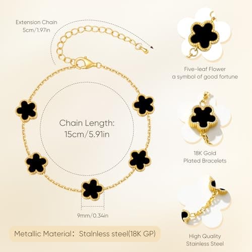Cute Lucky Flower Bracelet For Girls, 18K Gold Plated Stainless Steel - Thumbnail 5