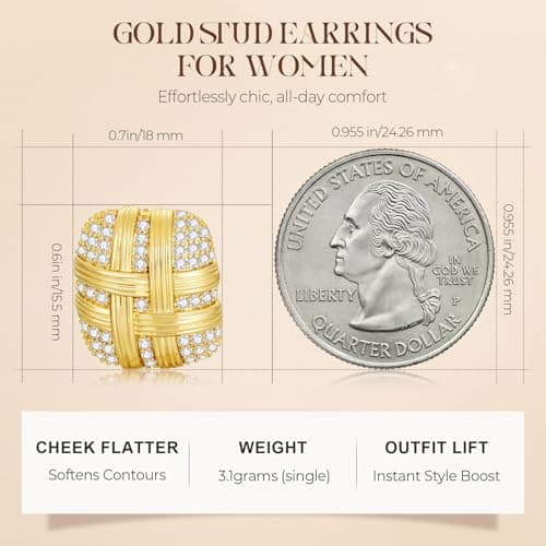 EYESHOCK Large Stud Earrings for Women Gold Stud Earrings 18K Gold Plated Cubic Zircon Square Woven Design Lightweight Hypoallergenic (Woven) - Thumbnail 5