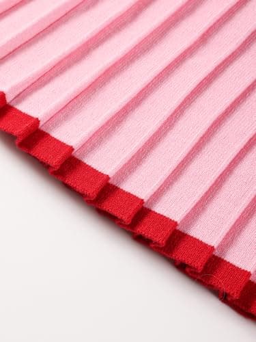 Girls Pink Knit Pleated Skirt with Red Trim, Elastic Waist Sweet Style Skirt for Teens 6-16Y - Thumbnail 6
