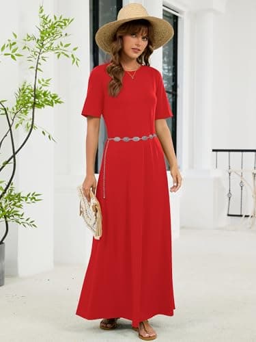 KORSIS Causal Red 2XL Dresses for Women Short Sleeve Summer Red S Long T-Shirt Dress Loose Beach Vacation Sundress with Pockets - Thumbnail 3