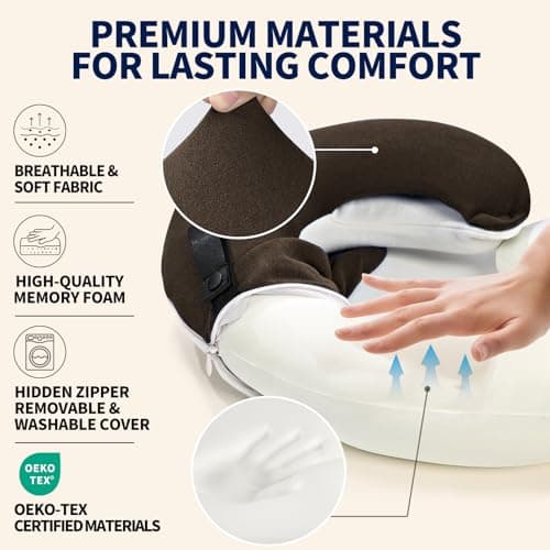BUYUE Travel Neck Pillows for Airplanes, 360° Head Support Sleep for Long Flight, Skin-Friendly & Breathable, Kit with 3D Contoured Eye Mask, Earplugs and Storage Bag (Adult, Brown, 90+ lbs) - Thumbnail 4