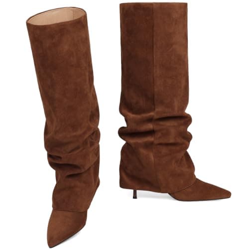 COMFITORIA Womens Knee High Boots, Fold Over Shark Boots Stiletto Heels Slouchy Long Boot Pointed Toe Thigh High Dress Shoes Sexy Fashion Tall Boot for Women with Zipper, Brownsuede, 9 - Thumbnail 4