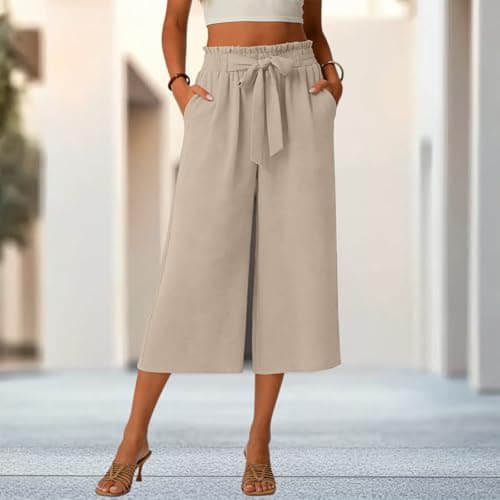 Gaucho Pants for Women, Wide Leg High Waisted Cotton Women's Palazzo Capri Pants with Pockets and Drawstring, Lightweight Breathbale Casual Summer Womens Culottes Khaki XXL - Thumbnail 2