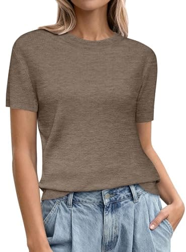 PRETTYGARDEN Women's Short Sleeve Sweaters 2026 Spring Crew Neck Knit Work Shirts Business Casual Tops Summer Fashion Clothes (Khaki,Medium) - Image 1