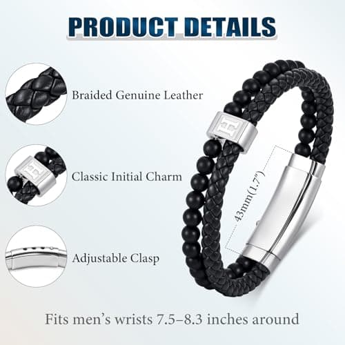 FLHEART Initial Black Leather Bracelet for Men, A-Z Letters Agate Stone Beaded Braided Leather Cuff Bracelets with Initial, Adjustable Wrist Bracelet for Mens Jewelry Gifts,7.5-8.3 Inches - Thumbnail 5