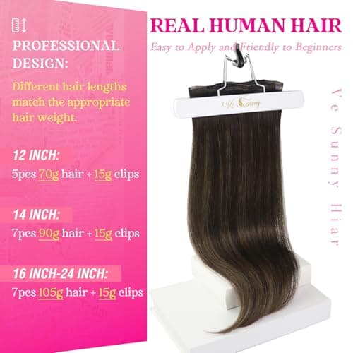 Ve Sunny Real Hair Extensions Clip in Human Hair Dark Brown Ombre Hair Extensions Balayage Chestnut Brown Remy Clip in Hair Extensions 20 Inch 120g - Thumbnail 5