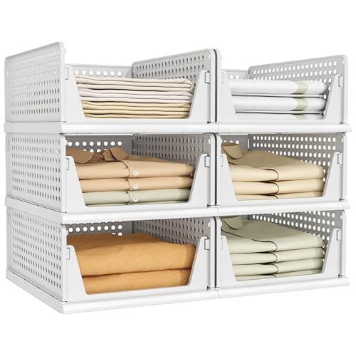 Pinkpum 6 Pack Closet Organizers Storage Bins, Stackable Plastic Drawer Basket for Clothing, Stackable Storage Bins Shelf Storage Container for Closet Wardrobe Bedroom Bathroom Office White - Image 1