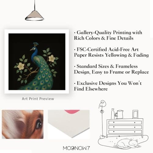 Peacock Wall Art, Botanical Bird Art Print, Dark Decor, 12x12in (30x30cm) - Thumbnail 2