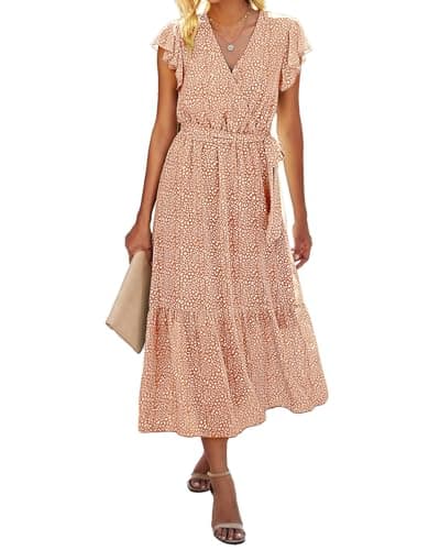 BTFBM Women Summer Bohemian Floral Casual Wrap V Neck Ruffle Cap Sleeveless Belt A-Line Pleated Hem Swing Midi Sun Dress (Coffee, Medium) - Image 1