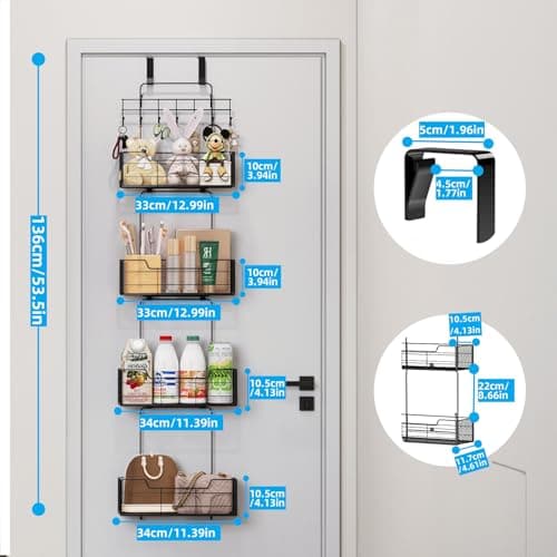 Over The Door Organizer Storage with 4 Metal Large Capacity Baskets,Door Organizer Hanging with Adjustable Hooks,Behind Door Storage Organizer for Bedroom Bathroom Kitchen Office Pantry Closet - Thumbnail 2