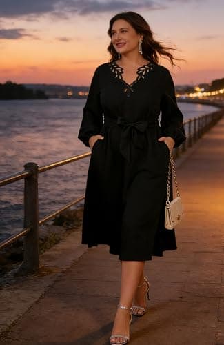 EYWOL Women Plus Size Elegant Cocktail Dress Cutwork V-Neck Midi A-Line Dress with Belt,Formal Wedding Guest Party Prom Dress Black - Thumbnail 6