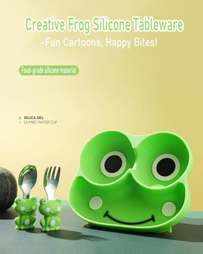 Ecrekhom Silicone Baby Feeding Set 5 Pcs, Weaning Supplies, Frog Baby Plates Baby Spoon & Fork, Baby Utensils Feeding Essentials - Thumbnail 3