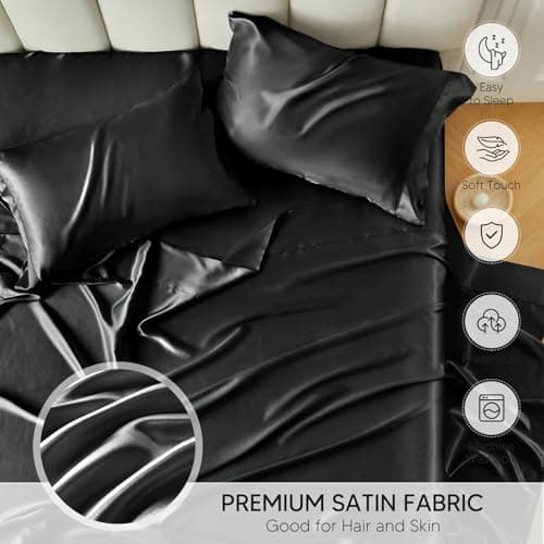 Tokokimo Satin Sheets CKing Size 4 PC - 16" Deep Pocket Silky Soft Bed Sheets, Wrinkle-Free Black Satin Silk Sheet, Hair & Skin Saver Bed Sheets Set with 1 Fitted Sheet, 1 Flat Sheet, 2 Pillow Cases - Thumbnail 5