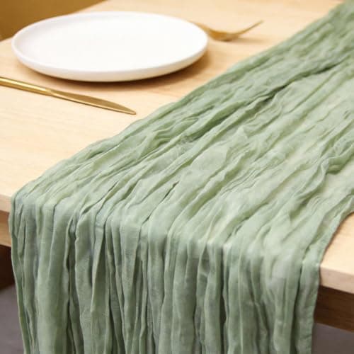 QPOR Green Cheesecloth Table Runner Boho Rustic Gauze Dusty Green Farmhouse 120 inch 10FT Cheese Cloth Runner for Wedding Party Baby Shower Birthday Holiday Home Decor - Thumbnail 2