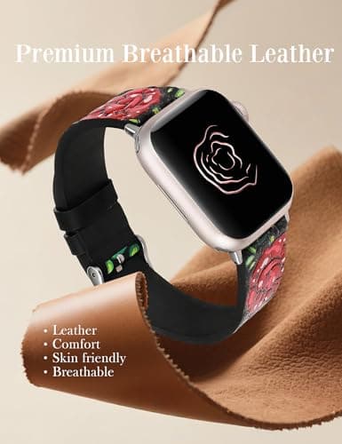 Moolia Floral Leather Band Compatible with Apple Watch Band 49/46/45/44/42mm Women, Cute Romantic Vintage Rose Pattern Strap for iWatch Series 11 10 9 8 7 6 5 4 3 2 1 SE/Ultra(1/2/3), Black/Red - Thumbnail 3