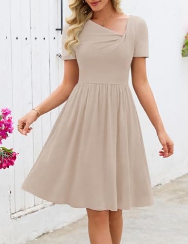 MEROKEETY Women's Summer Asymmetrical V Neck Sundress 2026 Short Sleeve Casual Ruched A Line Beach Vacation Mini Dresses, Khaki, Large - Thumbnail 3