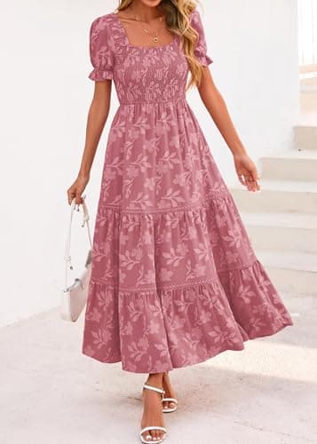 Lazysmile Women's Summer Boho Floral Maxi Dress Short Sleeve Square Neck Smocked Ruffle Elegant Wedding Guest Dress Pink - Thumbnail 4