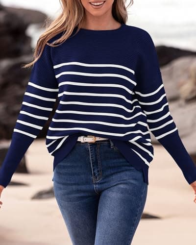 BTFBM Casual Women 2026 Fall Sweater Long Sleeve Ribbed Knit Pullover Loose Crewneck Batwing Split Sweater(Striped Navy White,X-Small) - Thumbnail 3
