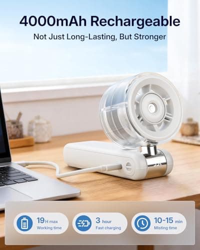 Bearwind Misting Fan Portable - Handheld Turbo Fan with Mist, Spray Water Mister Fans, 4000mAh Rechargeable, 5-Speeds, Personal Gifts for Women Beach Travel Outdoor - White - Thumbnail 4