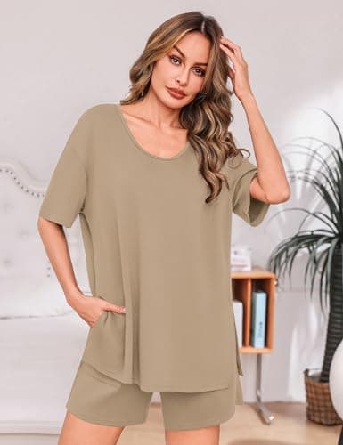 Totatuit Women's Short Set 2 Piece Summer Outfits Oversized U Neck T-Shirt Shorts Set with Pockets Casual Loose Lounge Sets for Airport Travel Khaki Small - Thumbnail 2