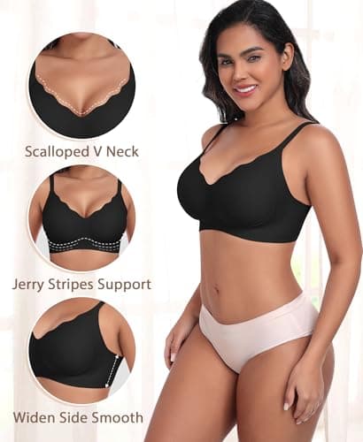 Ganado Scalloped Wireless Bras for Women Seamless No Underwire Bra Full Coverage Padded Comfortable Bralettes (Black, Large) - Thumbnail 2