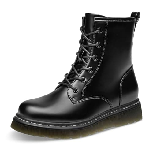 Athlefit Women's Lace-Up Combat Boots Fashion Casual Low Platform Lug Sole Ankle Booties with Side Zipper for Daily Wear,Black Smooth,Size 8.5,AD01863 - Image 1
